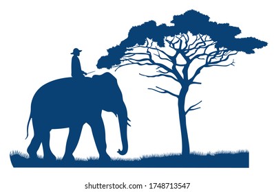 Blue Vector Silhouette Of An Elephant Rider. African Tree In The Savannah. Mammal And Human. Safari Wild Savannah. African Landscape. Ride An Elephant. Flat Dark Blue Illustration