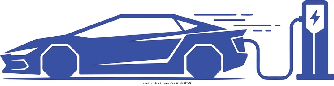 Silhueta de vetor azul ilustração de um carro esportivo elétrico rápido e futurista carregando em uma estação EV dedicada, representando a mobilidade sustentável moderna.