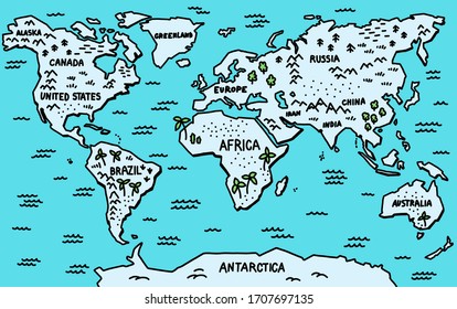 Blue vector sketch of world map. Trees and mountains. Childrens cartoon map. Hand-drawn line illustration.