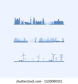 Blue Vector Skylines of The Netherlands. Dutch City, Rural and Famous Landmarks.