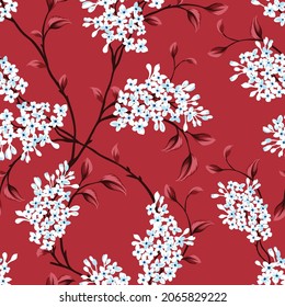 blue vector small flowers with leaves pattern on red background