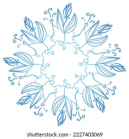 Vector azul Copo de nieve de tulipanes y remolinos - corona redonda. Composición del círculo.