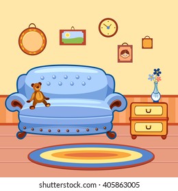 blue vector sofa with a teddy-bear, a yellow commode with flowers in a vase, a rug and lots of pictures on the wall in a room. A cute cartoon interior