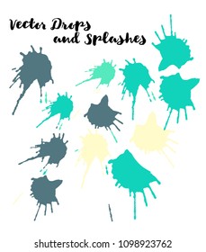 Blue Vector Splashes, Hand Painted Watercolor Drops. Indian Holi Color Festival, Paint Highlight, Explosion. Blue Holi Paint Burst, Vector Craft Logo Element. Bright Funky Graffiti Smears, Buttons.