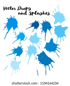 Blue Vector Splashes, Hand Painted Watercolor Bang. Indian Holi Color Festival, Paint Highlight, Explosion. Blue Holi Paint Burst, Vector Craft Logo Element. Bright Funky Graffiti Smears, Buttons.