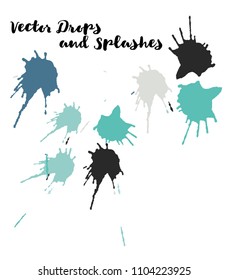 Blue Vector Splashes, Hand Painted Watercolor Spots. Indian Holi Color Festival, Paint Highlight, Burst. Blue Holi Paint Splatter, Vector Paintbrush Smears. Uneven Texture Graffiti Smears, Button