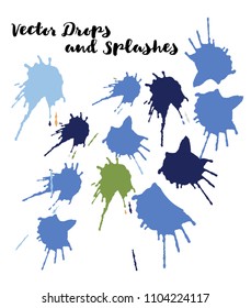 Blue Vector Splashes, Hand Painted Watercolor Splatter. Indian Holi Color Festival, Paint Highlight, Explosion. Blue Holi Paint Splats, Vector Paintbrush Swatch. Bright Funky Graffiti Smears, Buttons.