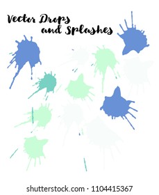 Blue Vector Splashes, Hand Painted Watercolor Drops. Indian Holi Color Festival, Paint Highlight, Explosion. Blue Holi Paint Splats, Vector Craft Logo Element. Bright Funky Graffiti Smears, Buttons.