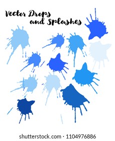 Blue Vector Splashes, Hand Painted Watercolor Bang. Indian Holi Color Festival, Paint Highlight, Explosion. Blue Holi Paint Drops, Vector Craft Logo Element. Funky Texture Graffiti Smears, Button.