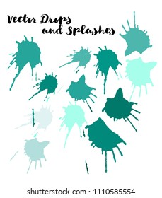 Blue Vector Splashes, Hand Painted Watercolor Drops. Indian Holi Color Festival, Paint Highlight, Burst. Blue Holi Paint Splats, Vector Hand Painted Logo. Uneven Texture Graffiti Stains, Button