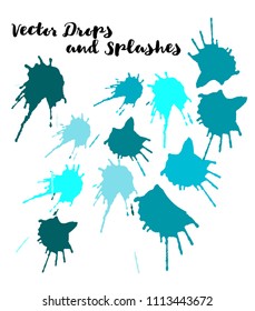 Blue Vector Splashes, Hand Painted Watercolor Bang. Indian Holi Color Festival, Paint Highlight, Burst. Blue Holi Paint Splats, Vector Paintbrush Swatch. Uneven Texture Graffiti Smears, Button