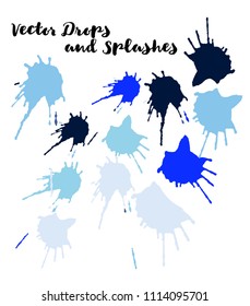 Blue Vector Splashes, Hand Painted Watercolor Bang. Indian Holi Festival Elements, Paint Burst, Explosion. Blue Holi Paint Splats, Vector Hand Painted Doodle. Uneven Texture Graffiti Smears, Button