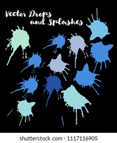 Blue Vector Splashes, Hand Painted Watercolor Splatter. Indian Holi Color Festival, Paint Highlight, Burst. Blue Holi Paint Splats, Vector Craft Logo Element. Texture Funky Graffiti Smears, Button.