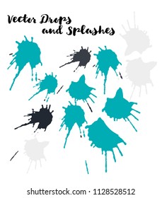 Blue Vector Splashes, Hand Painted Watercolor Drops. Indian Holi Color Festival, Paint Burst, Explosion. Blue Holi Paint Splats, Vector Craft Logo Element. Uneven Texture Graffiti Shapes, Button