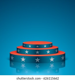 Blue vector stage with red stairs and white stars, isolated on a background. Show scene in a USA flag colors.