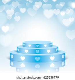 Blue vector stage with stairs and white hearts, isolated on a blue bokeh romantic background.