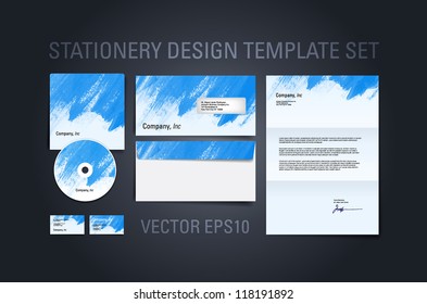 Blue vector stationery design template set with hand painted brush strokes texture