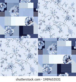 Blue Vector Stock Flowers With Leaves Pattern On Bandanna Background