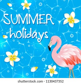 Blue vector summer background with tropical flowers in water and pink flamingo.