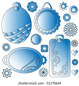 Blue vector tags, hearts and flowers