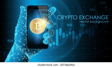 Blue vector technology background. Polygonal human hand with a mobile phone. The symbolic image of golden bitcoin on the phone screen. Stock charts showing the growth of cryptocurrencies. 