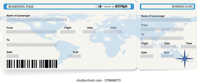 Blue vector template of boarding pass ticket. Concept of trip, journey or travel