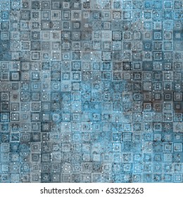 Blue vector texture from square and decorative elements. Geometrical mosaic pattern. Abstract seamless background for fabric, wrapping, home decor. Watercolor effect.