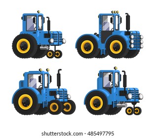 Blue vector tractor set. Agricultural transport. Big wheels. Self-moving car. Farmer equipment. Vector car.