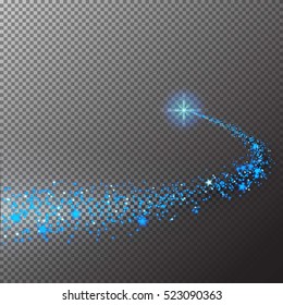 Blue Vector Transparent sparkling falling star isolated on checkered background. Stardust trail. Cosmic glittering wave. Stars road. Meteoroid, Comet, Asteroid way. Fashion decoration, magic effect.
