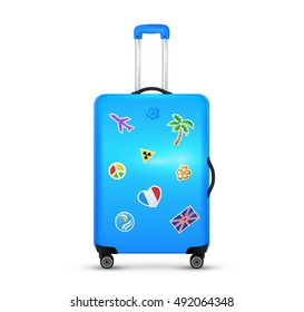 Blue vector traveler's wheels suitcase isolated on white background