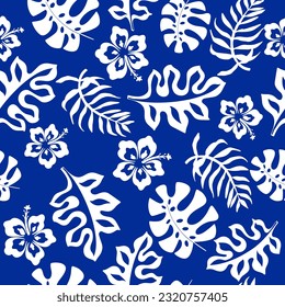 Blue vector tropical flowers seamless pattern. Print for clothes summer