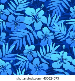 Blue vector tropical flowers seamless pattern