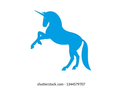 Blue vector Unicorn standing on hind legs. Fairly tale character. Unicorn logo silhouette on white background