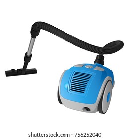 Blue vector vacuum cleaner with a black plastic brush on a long stick, with a carrying handle, isolated on a white background, back view
