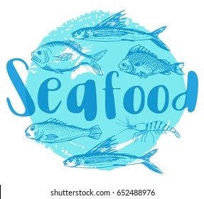 Blue vector vintage background with shrimp and fish. Seafood lettering.