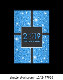 Blue vector vintage gift card design with shining rounds background isolated on black. New Year 2019 gift box concept. Vector illustration