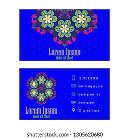 Blue Vector vintage visiting card. Floral mandala pattern and ornaments. Oriental design Layout. Islam, Arabic, Indian, ottoman motifs. Front page and back page.