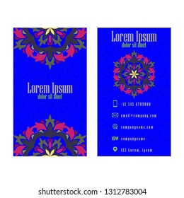 Blue Vector vintage visiting card. Floral mandala pattern and ornaments. Oriental design Layout. Islam, Arabic, Indian, ottoman motifs. Front page and back page.