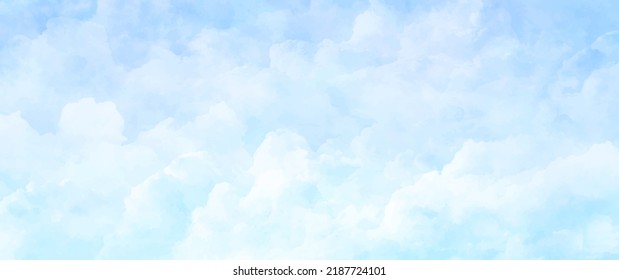 Blue vector watercolor art background with white clouds and blue sky. Hand drawn vector texture. Heaven. Watercolour banner. Abstract template for flyers, cards, poster, cover or design interior.	