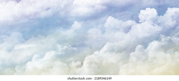 Blue vector watercolor art background with white clouds and blue sky. Hand drawn vector texture. Heaven. Watercolour banner. Abstract template for flyers, cards, poster, cover or design interior.	
