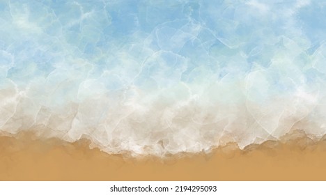 Blue vector watercolor art background with blue waves on the tropical beach sand. Hand drawn summer illustration for flyers, cards, wallpaper, poster, cover, print. Vacation. Travel. Ocean. Sea.	