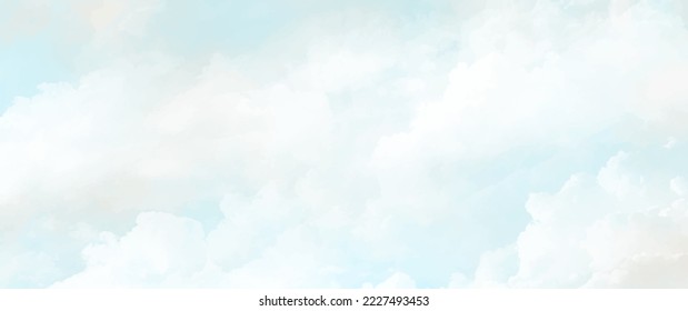 Blue vector watercolor art background with white clouds and blue sky for flyers, cards, poster, cover or design interior. Hand drawn vector texture. Heaven. Watercolour banner. Abstract template.