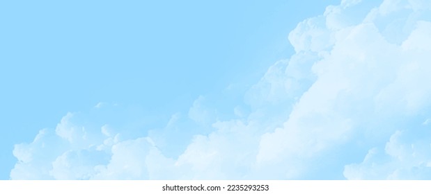 Blue vector watercolor art background with white clouds and blue sky. Hand drawn vector texture. Heaven. Watercolour banner. Abstract template for flyers, cards, poster, cover or design interior.