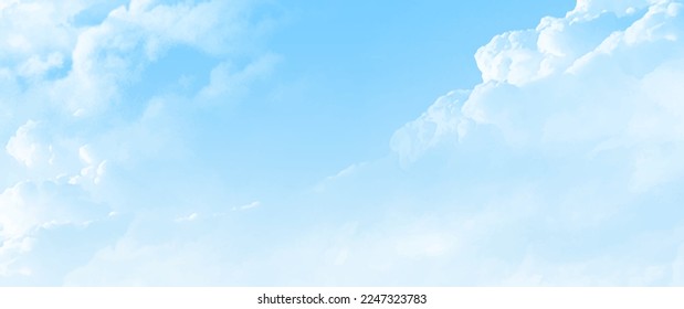 Blue vector watercolor art background with white clouds and blue sky. Hand drawn vector texture. Heaven. Watercolour banner. Abstract template for flyers, cards, poster, cover or design interior.