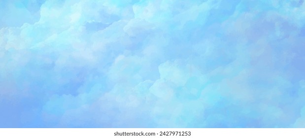 Fondo de arte de acuarela de vector azul con nubes blancas y cielo azul. Textura vectorial dibujada a mano. Cielo. Banner de acuarela. Plantilla abstracta para volantes, tarjetas, póster, portada o diseño interior.	