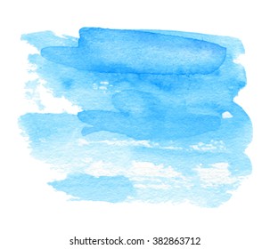 Blue vector watercolor hand drawn paper grain texture isolate strokes spot in white background. Abstract artistic colorful striped daub smear element for design, banner, template, decoration, web