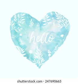 Blue vector watercolor heart with floral ornament
