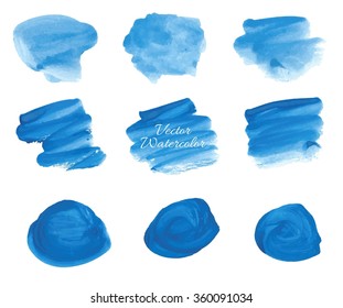 Blue vector watercolor stains set. Hand painted texture for your design