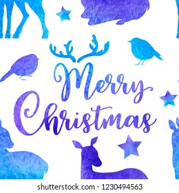 Blue vector watercolor winter seamless pattern with silhouettes of deer and birds. Christmas decorative background.