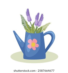 Blue vector watering can with purple celosia flowers and fern leaves. Spring illustration on white background